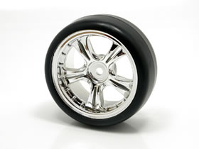 Square SRK3-202S - Soft Plastic Type Drift Tire Set / 26mm Split-5 Chrome Wheel 2mm Offset (1 pair)