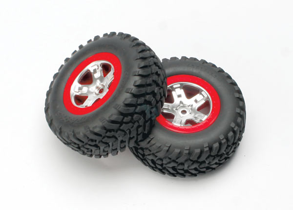 Traxxas 5873A - 2.2 / 3.0 Pre-Mounted SCT Rear Tires on Chrome with Red Beadlocks Wheels (Slash Front, Slash 4x4 Front & Rear)
