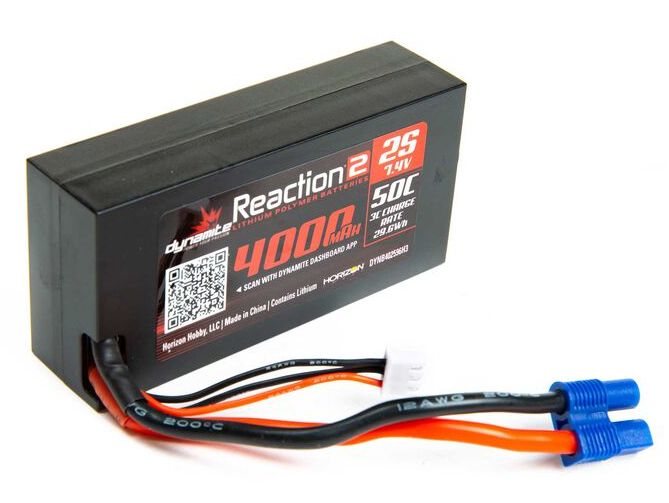 Dynamite DYNB402596H3 - 7.4V 4000mAh 2S 50C Reaction 2.0 Hardcase LiPo Battery: EC3
